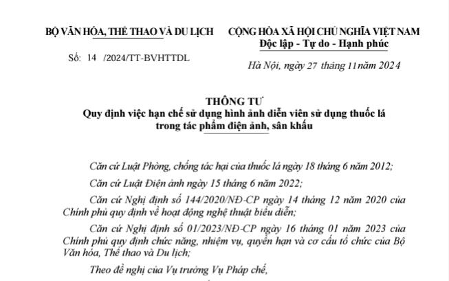 Hạn chế sử dụng hình ảnh diễn viên sử dụng thuốc lá  trong tác phẩm điện ảnh, sân khấu